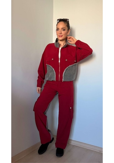 Ali Butik Bordo Paraşüt Kumaş Denim Detaylı Takım Bordo
