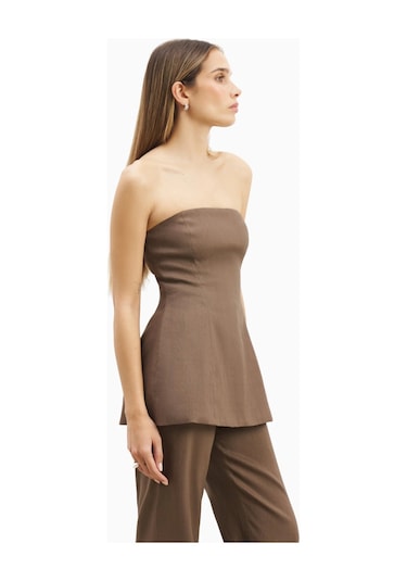 Because Of Alice Strapless Linen A - Line Bodice Kadın Üst Kahverengi