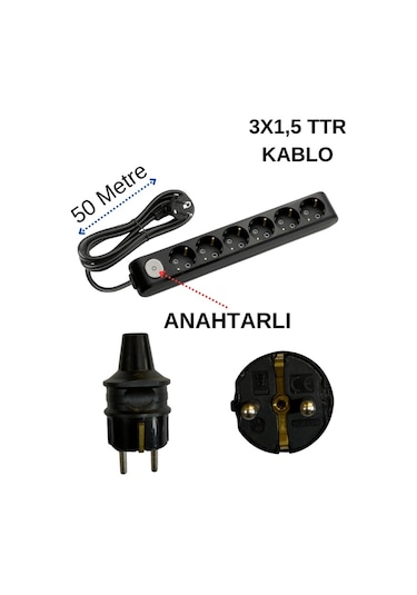 Avarson 6'lı Altılı Priz Topraklı Anahtarlı Kablolu Siyah 3x1,5 Ttr 50 Elli Metre