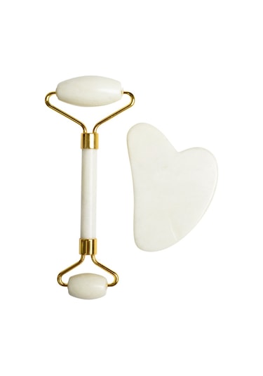 Doğal Yeşim Çift Kafa Masaj Silindiri + Guasha Tahta Kazıyıcı Yüz Zayıflama Yaşlanma Karşıtı Kabarık Gözler Yüz Cilt Bakımı Araçları - Stil B Altın