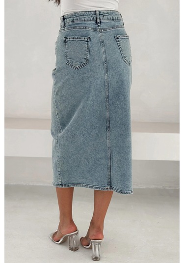 Paralel Taşlı Yırtmaçlı Denim Etek Mavi Mavi