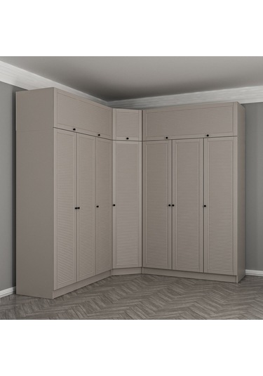 Kale 7 Kapaklı 4 Çekmeceli Köşe Dolap + Yüklük Kumtaşı Mebran Panjur 255cm Bej