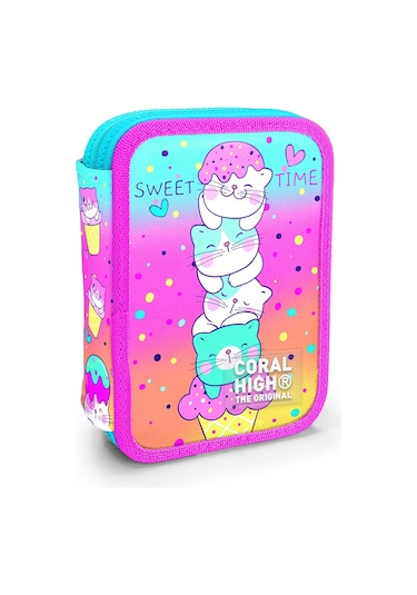 Coral High Kids Renkli Dondurmalı Kedi Desenli Çift Katlı Kalem Çanta 11139 Çok Renkli