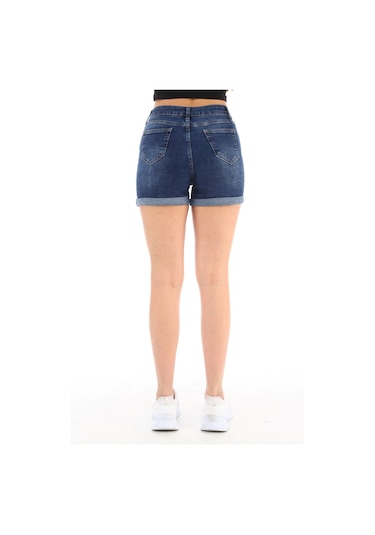 Cedy Denim Kadın Yüksek Bel Duble Paça Kot Şort Klasik Mini Jean Şort C604 Lacivert