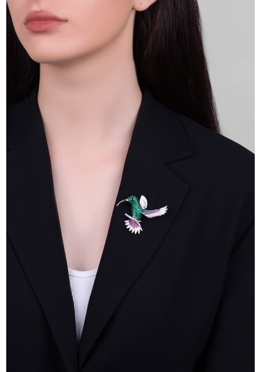 Cennet Kuşu 18 Ayar Beyaz Altın Kaplama Gümüş Broş Beyaz