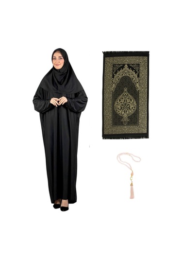Namaz Elbisesi Eşarp Seccade Tesbih Set, İslami Giyim Takım Ferace Turban Şal Siyah