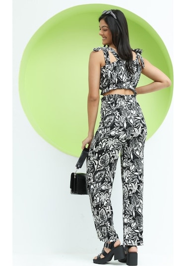 Polo State Kadın Askılı Çiçek Desenli Crop Siyah