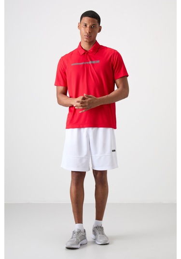 Kırmızı Nefes Alan Dokulu İnce Esnek Standart Fit Polo Yaka Erkek Performans T-shirt - 88393 Kırmızı