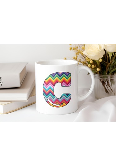 C Harfi Renkli Zigzag Desenli Kupa Bardak - Afrika Tarz Etnik Tasarım Kupa - Kişiye Özel Beyaz