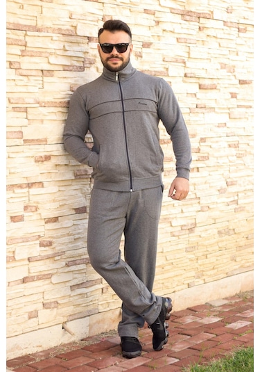 Gri Nakış Detaylı Rahat Kalıp Fermuarlı Erkek Eşofman Takım Gri