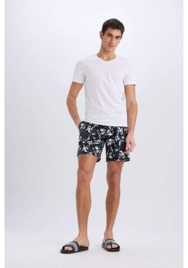 Defacto Defactofit Regular Fit Baskılı Esnek Dokulu Diz Boyu Sporcu Deniz Şortu B5994ax25hsbk81 Siyah