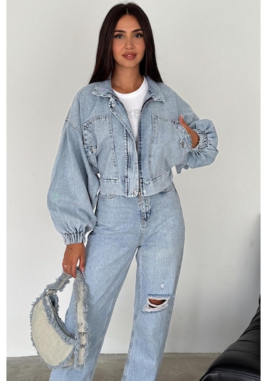 Kadın Açık Mavi Kısa Denim Ceket Elastik Manşetli Crop Model Mavi