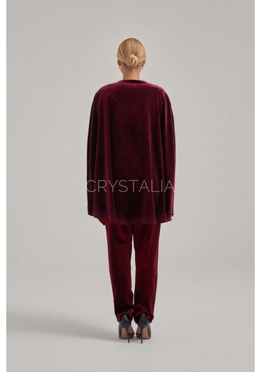 Crystalia Pelerinli Taş Nakış İşlemeli Bordo Kadife Takım Bordo