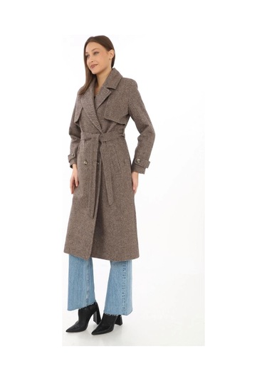 Kadın Balık Sırtı Yünlü Dokuma Kaşe Kaban Kruvaze Yaka, Kuşaklı, Cepli, Astarlı Uzun Boy Tesettür Vizon