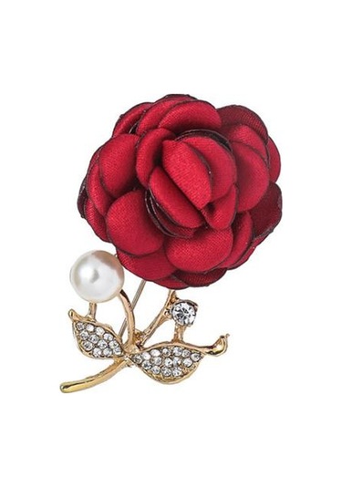 İnci Görünümlü Kumaş Gül Broş Kadınlar İçin Yapay Çiçek Broş İğnesi Yapay Elmas Yaka İğnesi Palto Şapka Çanta İçin Giyim Aksesuarları Kırmızı