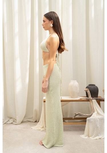 Mai Collection Pangestu Üçgen Yeşil Crop Etek Triko Takım