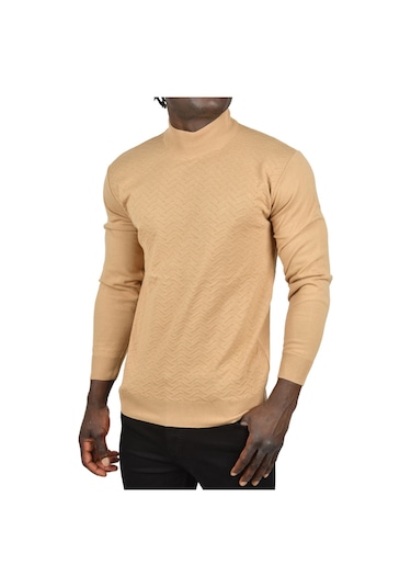 Deepsea Erkek Camel Zigzag Desenli Yarım Balıkçı Yaka Dar Kesim Boğazlı Triko Kazak 2505496 Camel