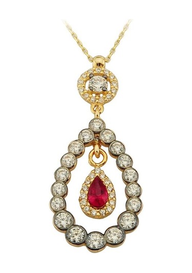 Altın Kırmızı Taşlı Damla Kolye G10354