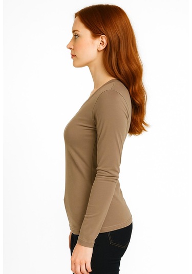 Axxel Kadın Toprak Rengi Uzun Kollu Unisex Kalıp T-shirt-d236-k Toprak