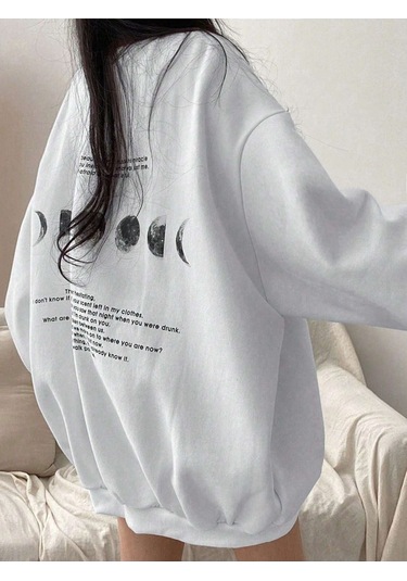 Moon Phases Afraid Kışlık Kalın Sweatshirt - Beyaz Baskılı Oversize Kalın Kışlık Bisiklet Yaka Beyaz