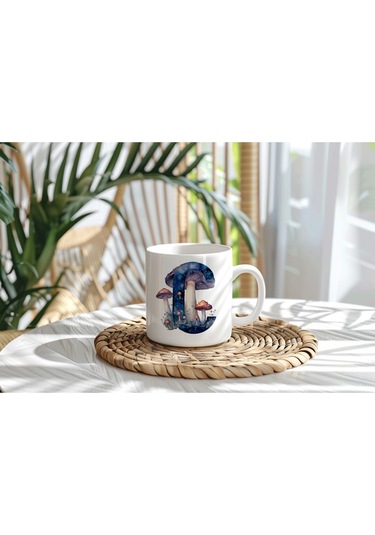 C Baş Harfi Fantastik Mantarlı Kupa Bardak - Kişiye Özel Masalsı Bardak - Hediye Beyaz