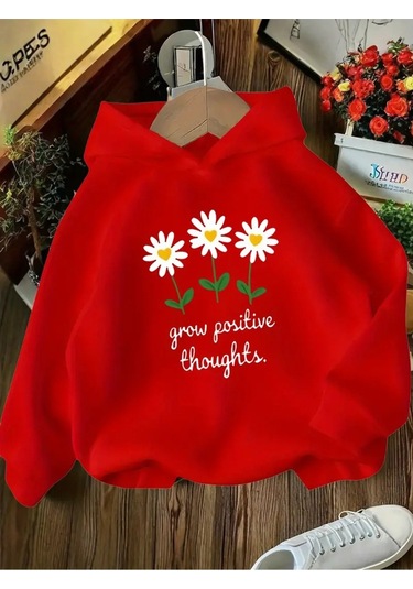 Kışlık Kapüşonlu Sweatshirt, Çocuk Grow Positive Papatya Baskılı Kırmızı