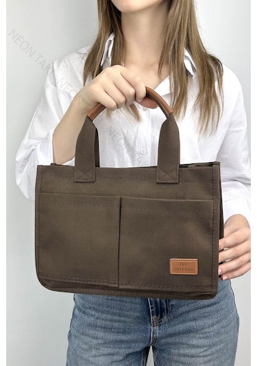 Kanvas Kumaş, İki Adet Ön Cepli Tote El Ve Omuz Çantası Acı Kahve, 69 Kahverengi