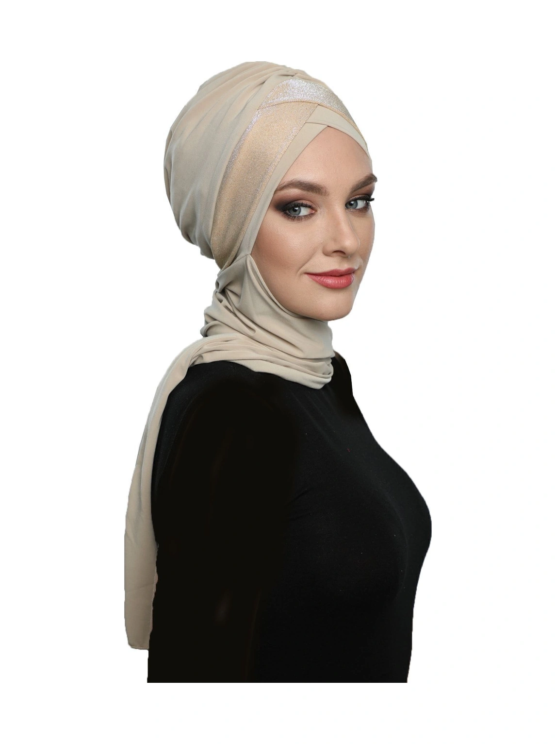 Çapraz Pike Atkılı Astarlı Bej Hazır Türban Tesettür Bone Bej