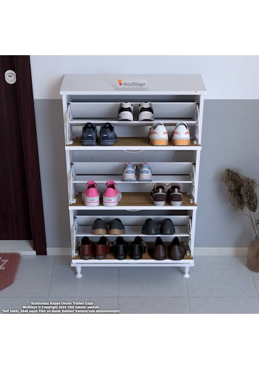 Modilayn Varbi Kapı Önü 52 X 119 X 25, 5 Cm Lik 3 Düşer Kapak 6 Göz Raf Bölmeli Ayakkabılık Beyaz - Meşe