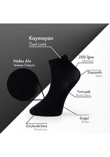 Saf Bambu Erkek Yarım Konç Düz Siyah - Gri Melanj Çorap Dikişsiz Premium Kutulu 6'lı L5952aznp Softaura