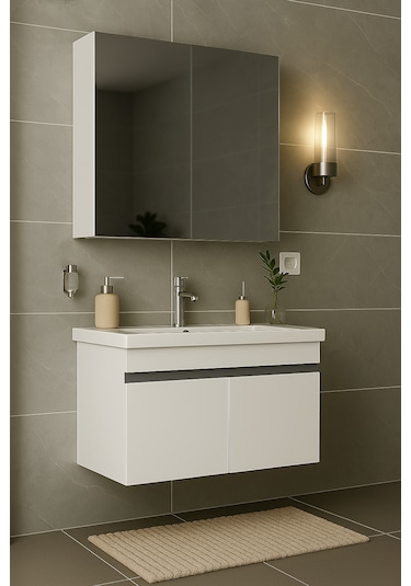 Arista 80 Cm Beyaz Mdf, Seramik Lavabolu, Banyo Dolabı Takımı Beyaz