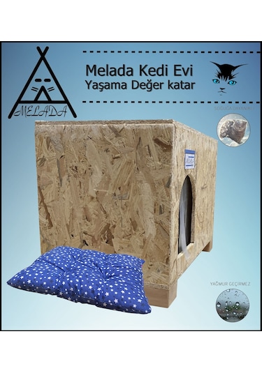 Melada Kedi Evi Dış Ortam Uygun Ahşap Kedi Evi Osb Minderli 61x41x36 Cm