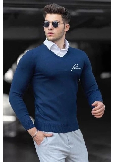 Baskılı V Yaka Uzun Kol Dokuma Triko - Indigo Indigo İndigo