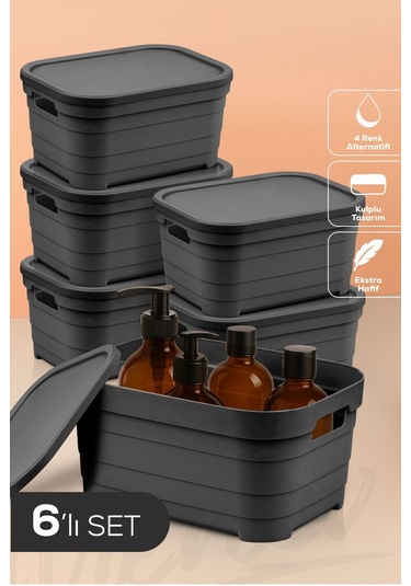 6'lı Kapaklı 3,8 Litre Saklama Kutusu Antrasit Antrasit