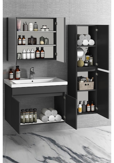 Çiğdem 80+35 Cm Antrasit Gri Mdf Lavabolu Asma Banyo Dolabı Takım Antrasit - Gri