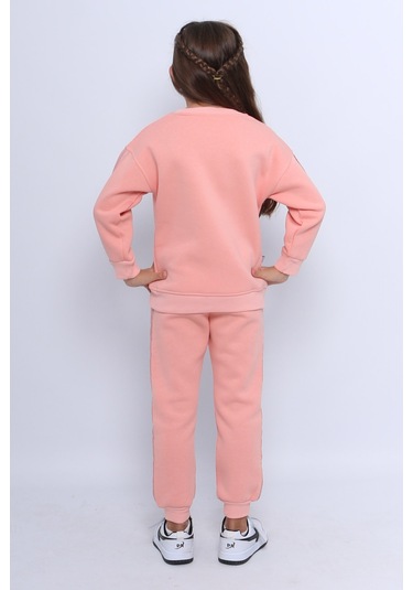 Kız Çocuk 3 İplik Eşofman Takımı Unicorn Baskılı Şeritli C25 Somon