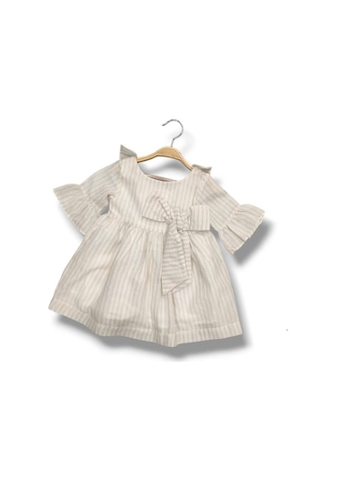 Çikoby Kız Bebek Dokuma Çizgili Elbise Ck50525 Bej