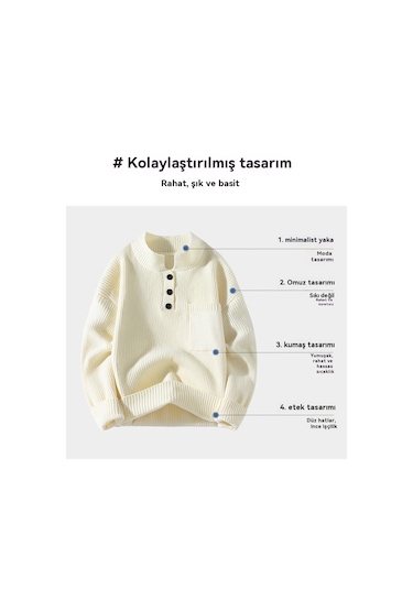Yarım Balıkçı Yaka Düğmeli Kıvrık Etekli, Her Mevsime Uygun Erkek Kazağı Bej