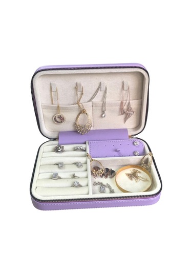 Özer Kutu Fermuarlı Deri Ahşap Kasalı Büyük Boy Takı Seyahat Ve Mücevher Çantası Kutusu Lila 14 x 21