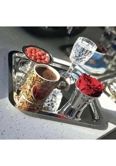 Abant 6'lı Lüx Kare Paslanmaz Çelik Gümüş Renk 21x21cm Kahve Servis Sunum Tepsisi&tabağı