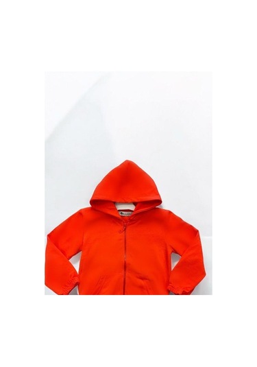 Kız Çocuk Fermuarlı Kapüşonlu Hırka-14376 Turuncu