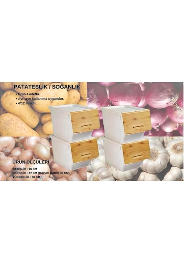 Motek Patateslik Soğanlık Sepeti Oyuncak Kutusu Tekerlekli Organızer Çok Amaçlı Kutu 4x12lt-bambu+krem