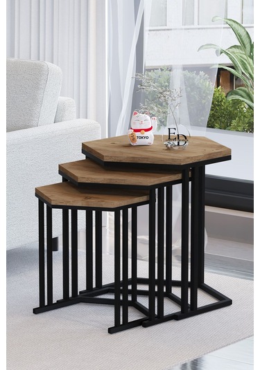 Tokyo 3'lü Zigon Sehpa Siyah Metal - Atlantik Çam Tabla