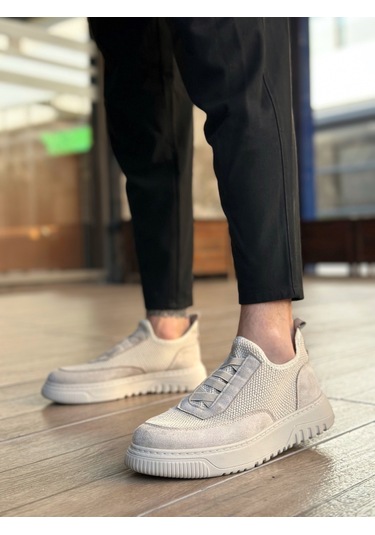 Pabucmarketi Bağcıksız Lastik Detaylı Triko Erkek Hi Sneaker Bej Bej Taban Renkli
