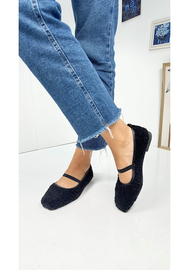 Günlük Kadın Babet Peluş Lastikli Oval Burunlu Alçak Topuklu Tırtıklı Tabanlı Ayakkabı 369 Siyah