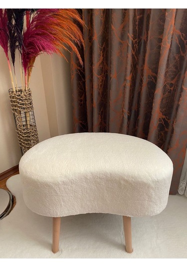 Fasulye Model Ahşap Ayaklı Teddy Kumaş Dekoratif Puf Beyaz