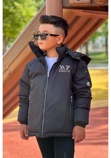 Erkek Çocuk Çıkarılabilir Kapüşonlu Baskılı Yakası Detaylı Kışlık Mont Km3501 Siyah