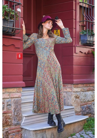 Yeşil Pera Desenli Uzun Kollu Kışlık Patch Elbise 001