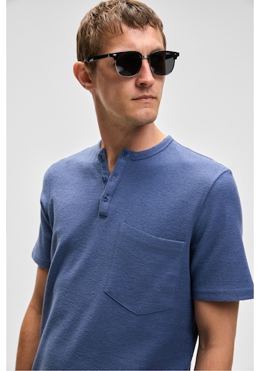 ERMAC Erkek Hakim Yaka Düğmeli Kısa Kol İndigo T-Shirt