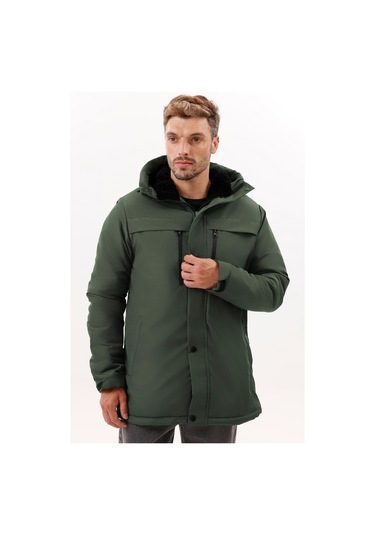 Erkek Polarlı Kürklü Su Ve Rüzgar Geçirmez Kapüşonlu Kışlık Mont & Kaban & Parka - Elyaflamalı Haki